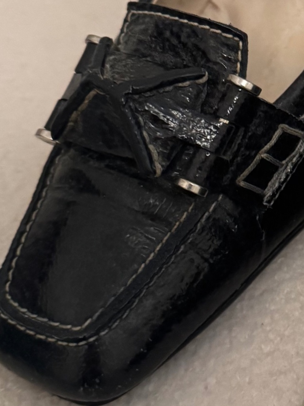 TODs Selleria Swing - Black Patient Leather Stacked Heel - Size 38